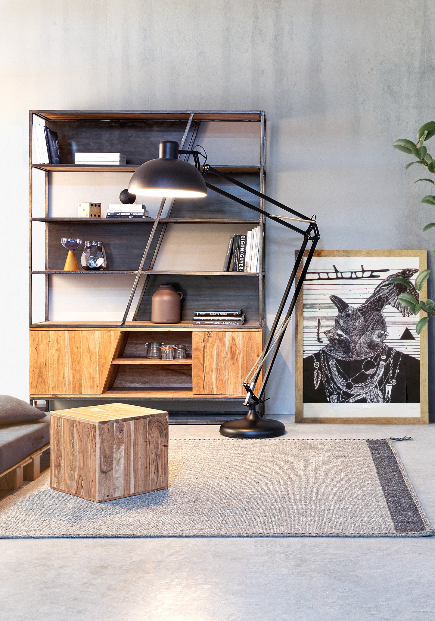 Libreria stile industriale ferro e legno massello diagonale