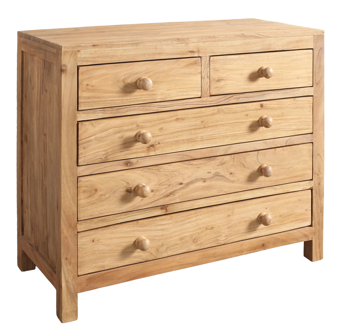 Cassettiera etnica in legno massiccio con 5 cassetti, dimensioni 90 × 40 × 80 cm.