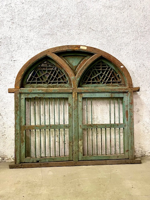 Antica Finestra Sindhi Indiana Originale in Legno Massiccio Dipinto con Vetri Colorati