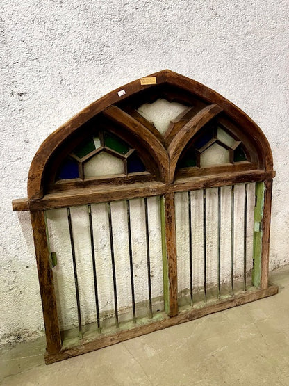 Antica Finestra Sindhi Indiana Originale in Legno Massiccio con Vetri Colorati