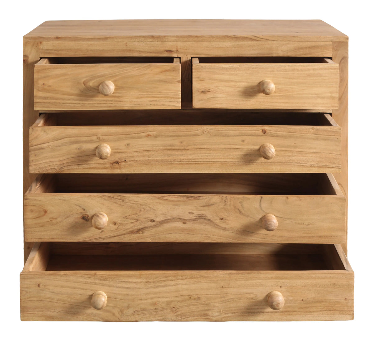 Cassettiera etnica in legno massiccio con cassetti aperti, vista degli spazi interni.
