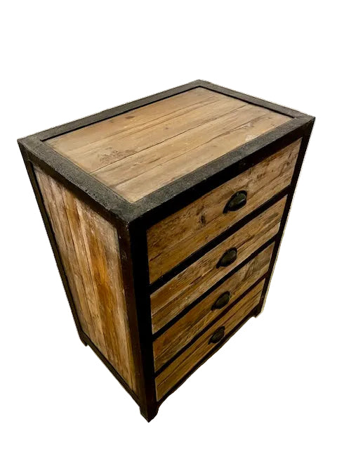 Cassettiera stile industrial in legno massiccio e ferro 4 cassetti dettaglio fianco