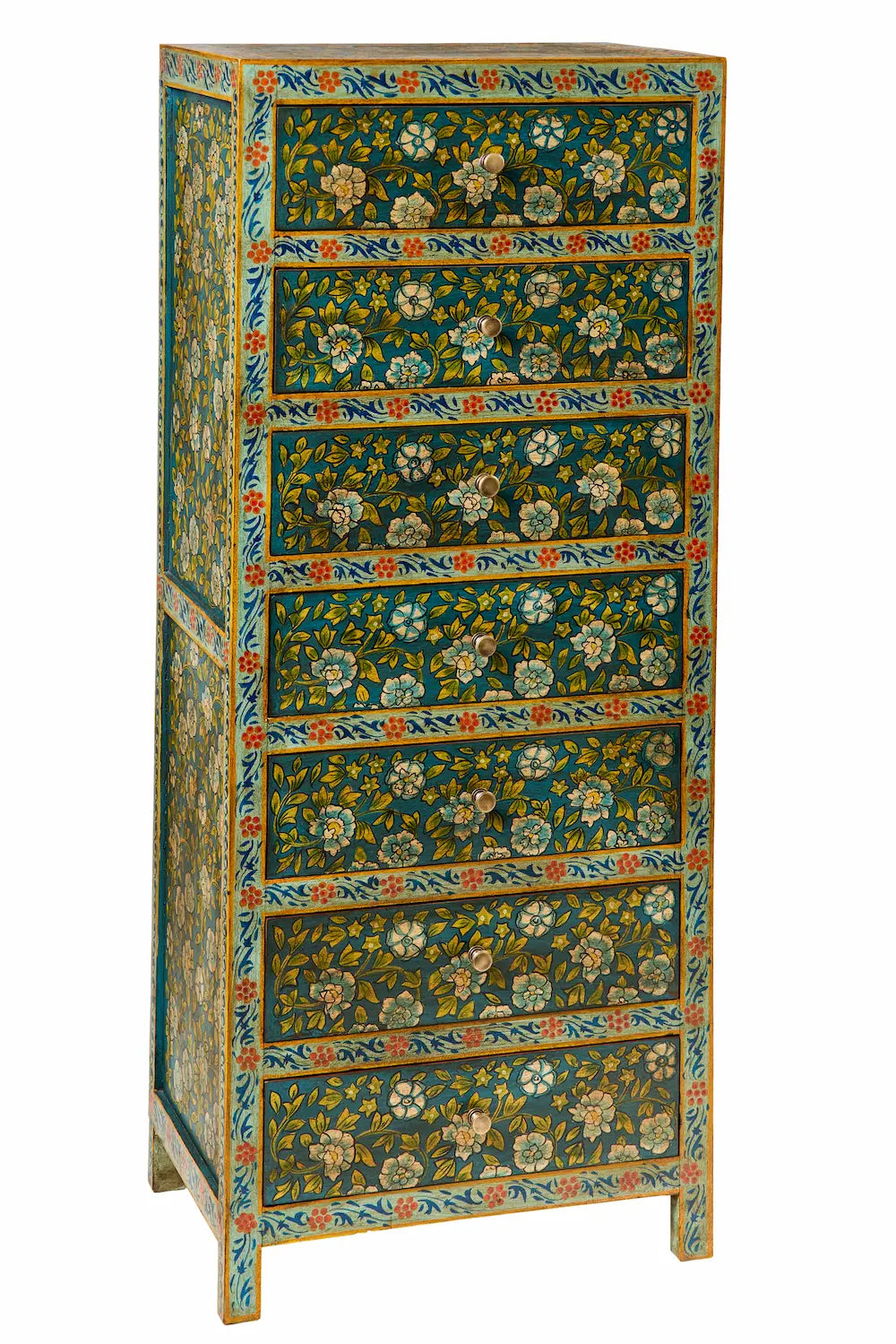 Cassettiera settimino Indiano in legno massello dipinto giallo fiori rossi 7c
