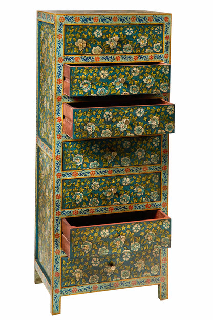Cassettiera settimino Indiano in legno massello dipinto giallo fiori rossi 7c