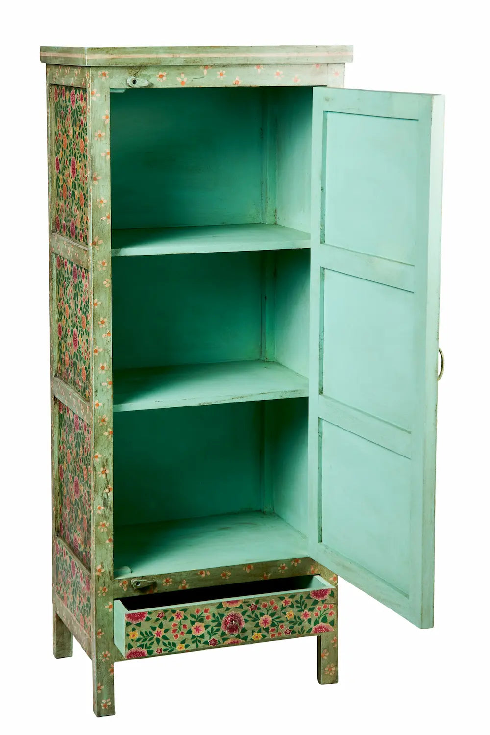 Credenza indiana dipinta verde giallo rosso floreale