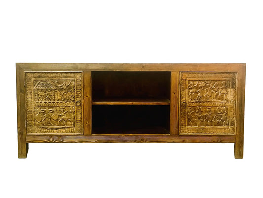 Credenza etnica indiana Orissa in legno massiccio con ante intarsiate frontale 