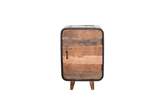 Credenza vintage in legno riciclato con struttura in ferro battuto e 1 anta