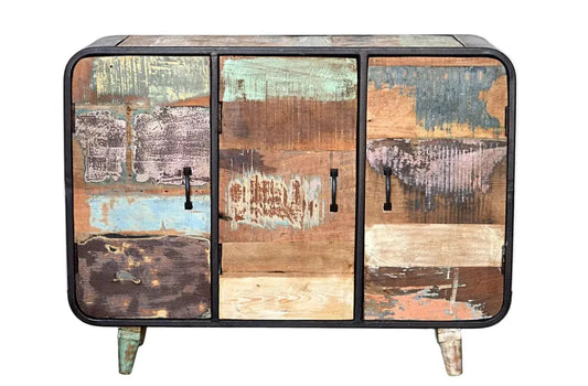 Credenza vintage industrial in legno massiccio riciclato e ferro battuto con 3 ante