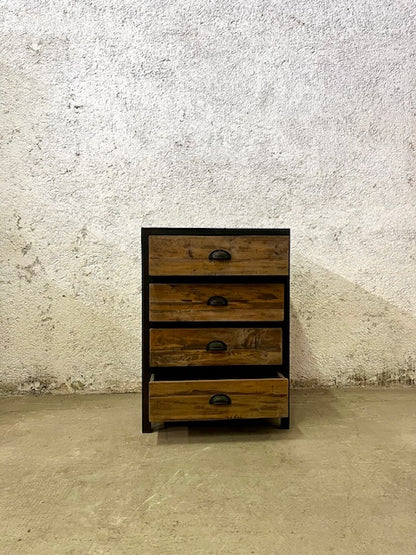 Cassettiera stile industrial in legno massiccio e ferro 4 cassetti