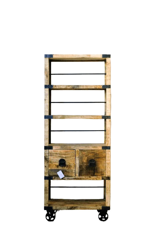 Libreria Industrial con ruote in Legno massello di Mango Country Rustico
