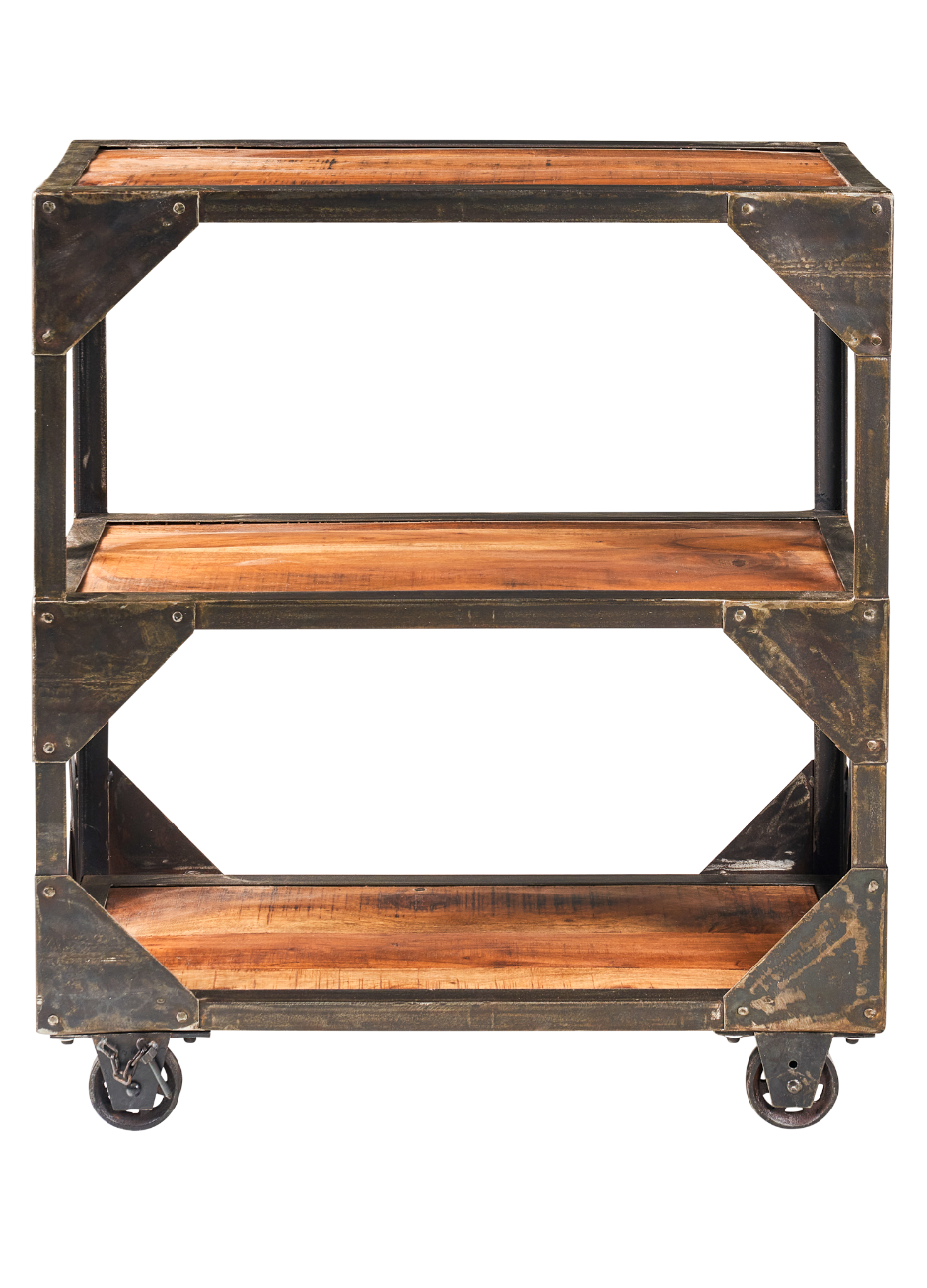 Libreria etagere in legno massiccio di recupero e metallo con ruote