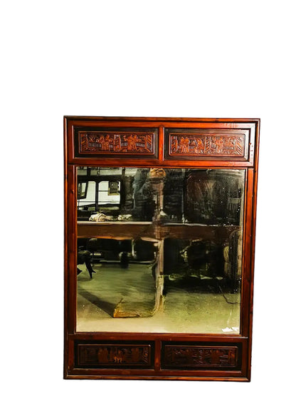 Specchio cinese originale con cornice in legno lavorato e dipinto