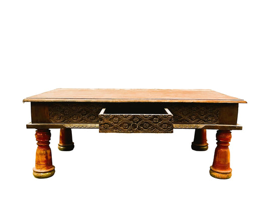 Tavolino indiano intarsiato con cassetto gambe rosse legno massiccio 