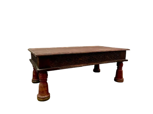 Tavolino indiano intarsiato con cassetto gambe rosse legno massiccio completo