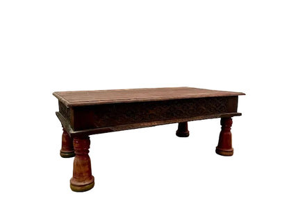 Tavolino indiano intarsiato con cassetto gambe rosse legno massiccio completo