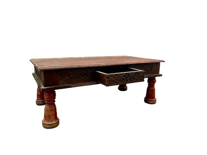 Tavolino indiano intarsiato con cassetto gambe rosse legno massiccio cassetto aperto