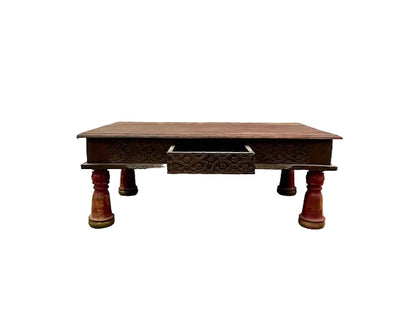 Tavolino indiano intarsiato con cassetto gambe rosse legno massiccio 