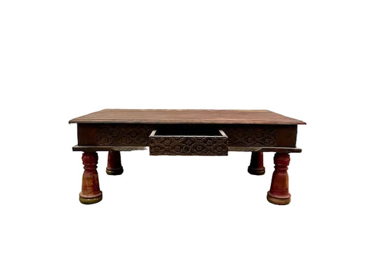 Tavolino indiano intarsiato con cassetto gambe rosse legno massiccio 