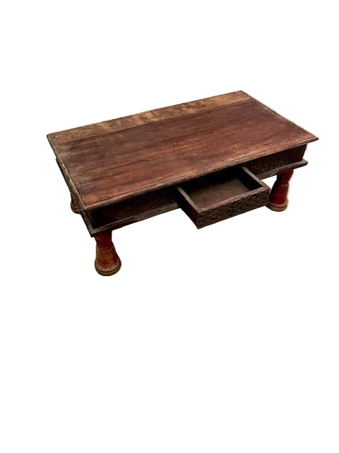 Tavolino indiano intarsiato con cassetto gambe rosse legno massiccio aperto