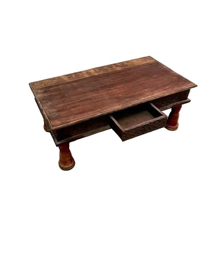 Tavolino indiano intarsiato con cassetto gambe rosse legno massiccio aperto