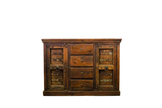 Credenza etnica indiana porte vecchie in legno massello alta 2 ante 4 cassetti