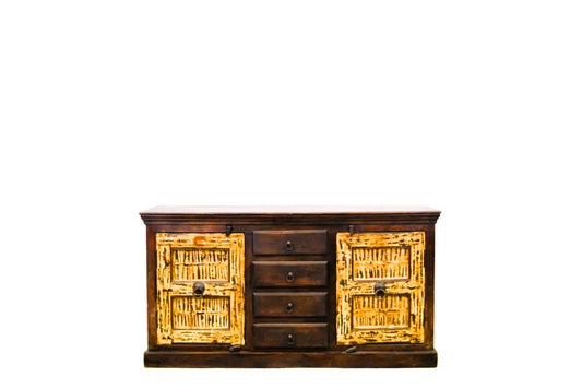 Credenza etnica indiana porte vecchie in legno massello bassa 2 ante 4 cassetti