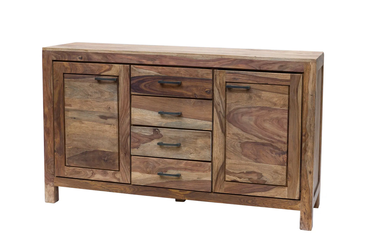 Credenza etnica in legno di Sheesham con ante e cassetti chiusi, dimensioni 150 × 45 × 88 cm.