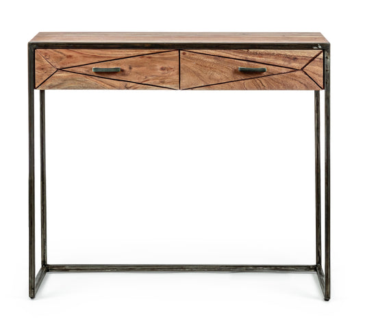 Consolle industrial vintage decorazione geometrica in legno massello e struttura in ferro con 2 cassetti - lapagoda.net