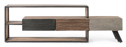 porta tv credenza industrial ferro battuto e legno massello con frontale in cemento ferro e legno riciclato 