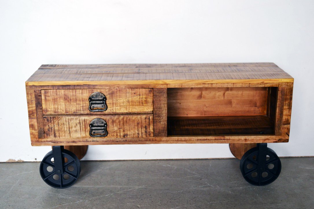 Credenza porta tv Industrial in Legno Massello con ruote in ferro - 2 cassetti 1 vano - BHL1152 - lapagoda.net