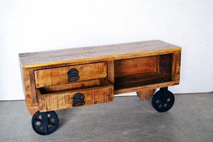 Credenza porta tv Industrial in Legno Massello con ruote in ferro - 2 cassetti 1 vano - BHL1152 - lapagoda.net