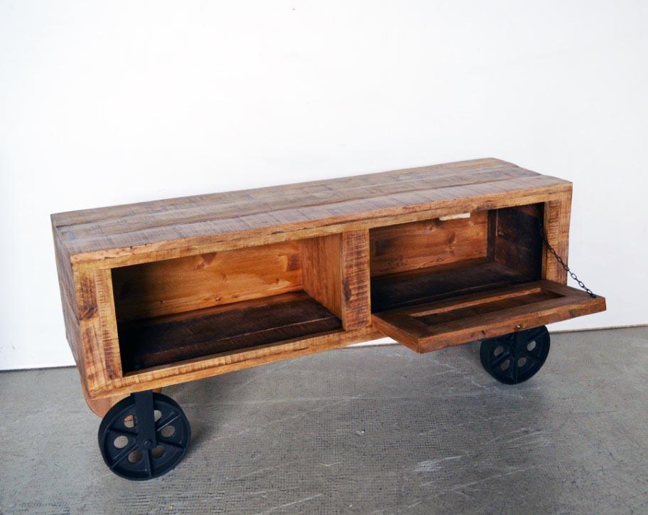 Credenza porta tv Industrial in Legno Massello con ruote in ferro - 1 anta 1 vano - BHL1152 - lapagoda.net