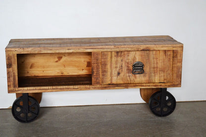 Credenza porta tv Industrial in Legno Massello con ruote in ferro - 1 anta 1 vano - BHL1152 - lapagoda.net